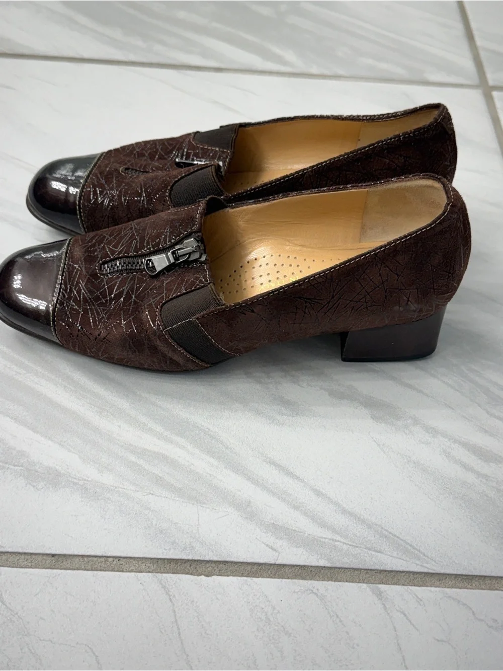 Brown Women's Low-Heel Slip-On Heels with Front Zip